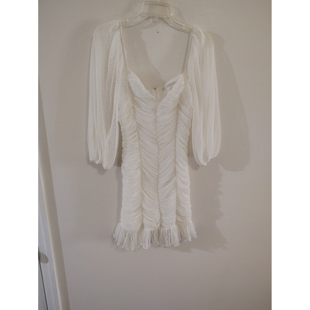O.VIANCA White Ruched Bodycon Mini Dress Swiss Dot Puff Sleeve Ruffle Hem Small